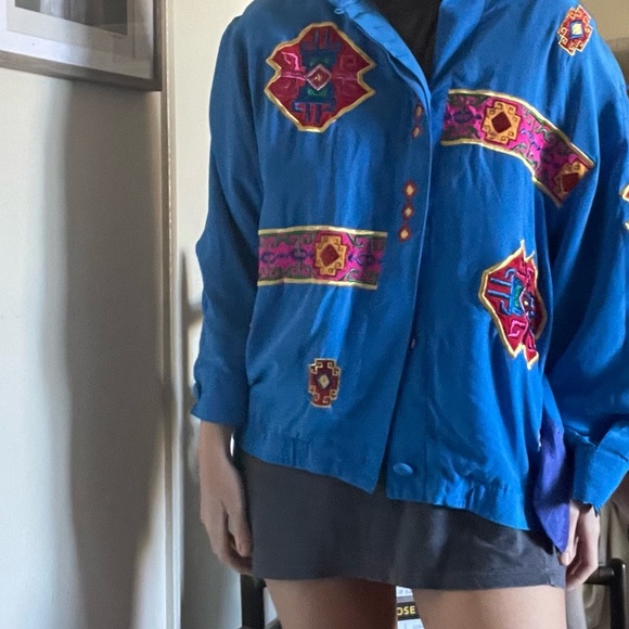 Vintage Adam Douglass Adrianna Papell Blue Silk Embroidered Patchwork Jacket - Picture 4 of 12